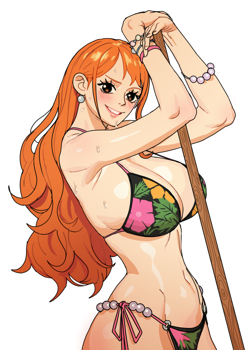 1girls armpits arms_up artist_request big_breasts bikini blush breasts earrings female female_only huge_breasts large_breasts long_hair nami_(one_piece) one_piece orange_hair post-timeskip smile solo sweat