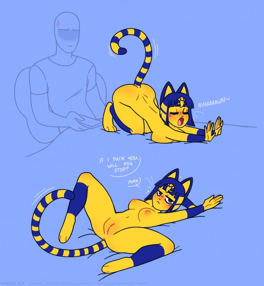 5_fingers :< animal_crossing ankha ankha_(animal_crossing) annoyed anthro areola ass bangs bed bedroom_eyes big_breasts blue_background blue_hair blush bob_cut bodily_fluids breast_squish breasts clothed clothed/nude clothing curvy_figure dialogue digital_media_(artwork) digitigrade domestic_cat egyptian english_text eyeshadow feet felid feline felis female fingers fur furniture furry genital_fluids genital_focus genitals gold_(metal) gold_jewelry gradient_background hair headgear headwear heart hi_res hostile-elf human jewelry lying makeup mammal markings mouth_closed narrowed_eyes nintendo nipples nude open_mouth orange_areola orange_nipples presenting presenting_hindquarters presenting_pussy profanity pussy pussy_juice seductive shirt short_hair simple_background speech_bubble spread_legs spreading squish striped_markings striped_tail stripes tail tail_markings text thick_thighs tongue topwear unusual_insides uraeus yawn yellow_areola yellow_body yellow_fur yellow_insides yellow_nipples yellow_pussy