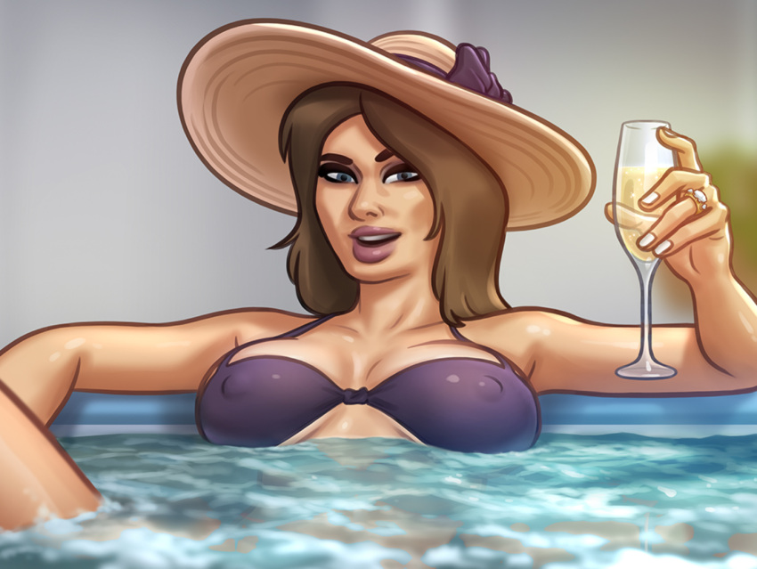 1girls 2d areolae big_breasts bikini bikini_top breasts brown_hair cleavage darkcookie digital_drawing_(artwork) digital_media_(artwork) erect_nipples glass hat headwear holding holding_drink holding_object jacuzzi light-skinned_female light_skin long_hair looking_at_viewer melonia_(summertime_saga) milf nipples nipples_visible_through_clothing presenting presenting_breasts smile smiling solo solo_focus summertime_saga sunhat water wine wine_glass