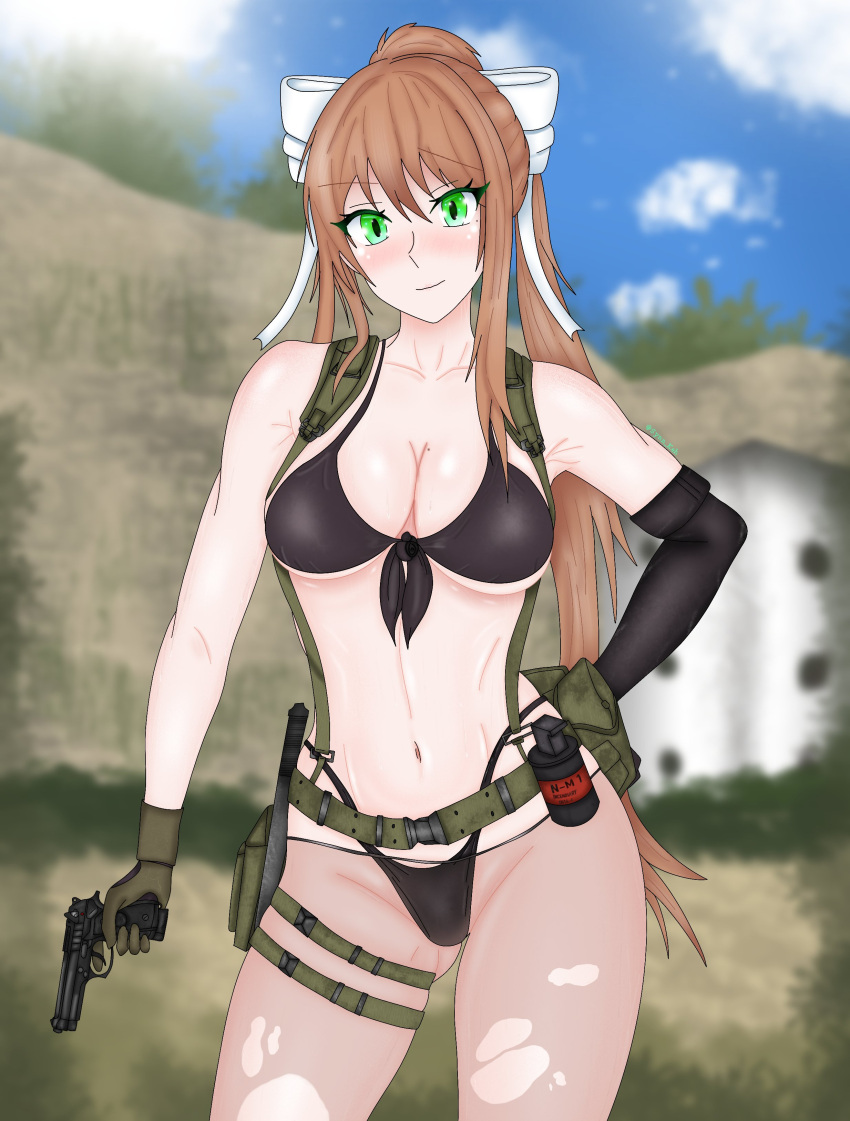 breasts crossover doki_doki_literature_club female female_only green_eyes gun looking_at_viewer metal_gear metal_gear_solid monika_(doki_doki_literature_club) quiet_(metal_gear)_(cosplay) solo synnkeh white_bow white_skin