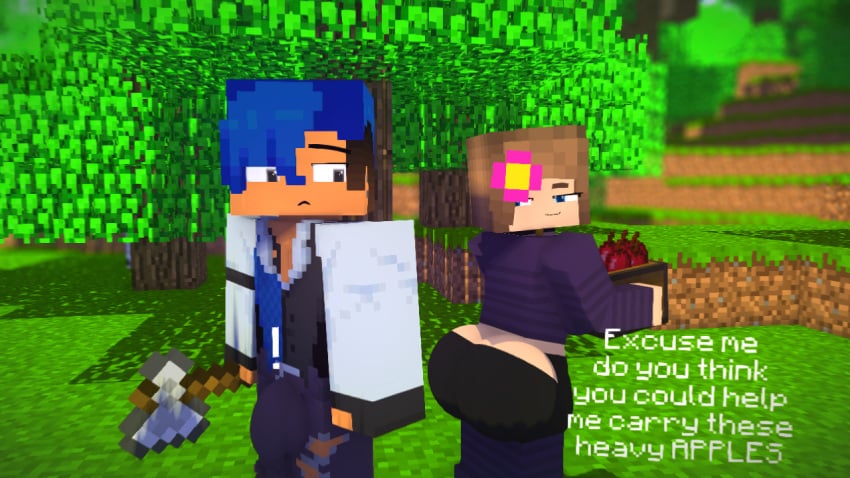 1boy 1girls ass big_ass big_breasts big_butt blue_eyes brown_hair dialogue female flower_in_hair horny_female human_female humanoid jem_(chaosdiamond) jenny_belle_(slipperyt) mine-imator minecraft mystic100 outside round_ass round_butt