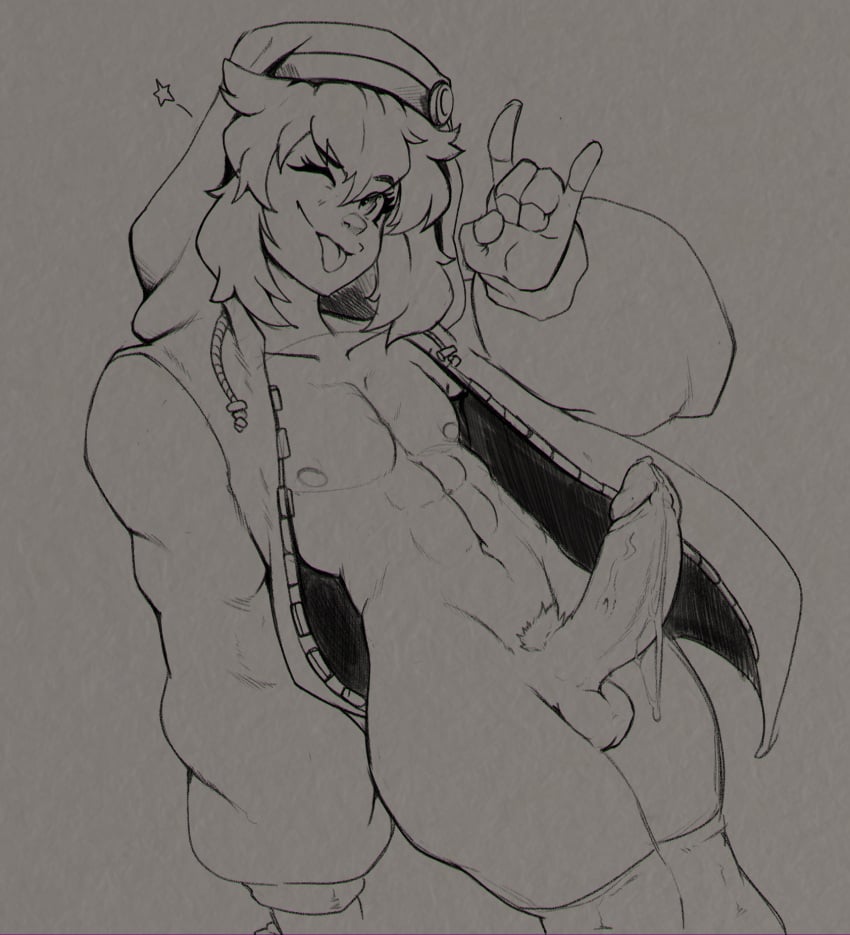 1boy abs androgyne_symbol androgynous balls bridget commission crossdressing curvy_body erect_penis erection femboy guilty_gear guilty_gear_strive male male_only midriff muscular muscular_male otoko_no_ko penis precum reliusmax skeb_commission sketch testicles thick_thighs