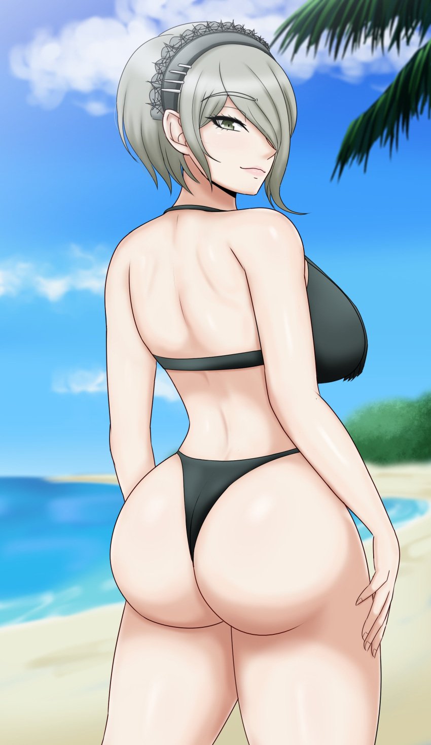 1girls beach big_ass big_breasts black_swimsuit bravebengal busty danganronpa danganronpa_v3 green_eyes grey_hair hourglass_figure huge_breasts large_breasts looking_at_viewer ocean sand sky smiling smiling_at_viewer solo swimsuit toujou_kirumi tree voluptuous voluptuous_female