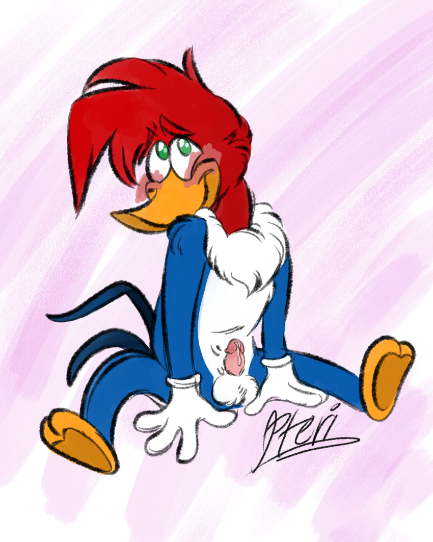 4:5 absurd_res anthro avian ball_tuft balls bird blue_body blue_feathers blush bodily_fluids dripping feathers genital_fluids genitals green_eyes hi_res leaking_precum male penis picid precum precum_drip red_body red_feathers solo the_woody_woodpecker_show toony tuft universal_studios white_body white_feathers woodpecker woody_woodpecker