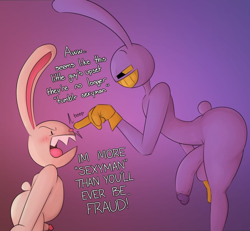 anthro balls bent_over blush bunny_ears bunny_tail chunknudies comparing comparing_penis english_text hi_res humanoid_penis hyper_penis jax_(the_amazing_digital_circus) lagomorph large_penis male/male male_only max_(sam_and_max) penis sam_and_max size_difference small_penis smug smug_grin text the_amazing_digital_circus