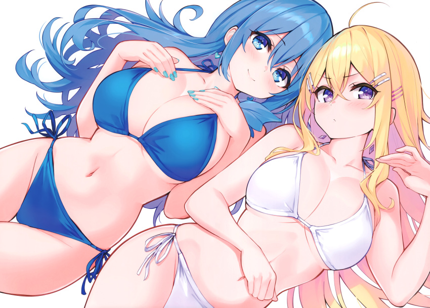 2girls absurdres ahoge bare_shoulders bikini blonde_hair blue_bikini blue_eyes blue_hair blush breasts cleavage closed_mouth cu-no female female_only fingernails hair_ornament hairclip hakurei_botan hands_on_own_chest highleg highleg_bikini highres hisen_kaede kohitsuji_ai large_breasts lips long_hair looking_at_viewer lying multiple_girls nail_polish navel on_back purple_eyes scan simple_background smile stomach swimsuit thighs white_background white_bikini