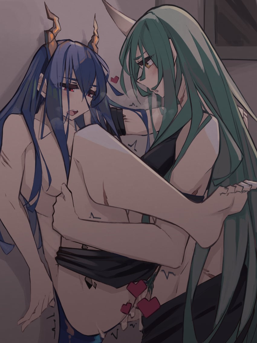 1futa 1girls absurdres against_wall arknights blue_hair blush breasts ch'en_(arknights) clothed clothing commentary cum cum_in_pussy dragon_girl dragon_horns dragon_tail duo female futa_on_female futa_with_female futanari green_hair heavy_breathing highres horns hoshiguma_(arknights) humanoid humanoid_penis light-skinned_female light-skinned_futanari light_skin long_hair medium_breasts mostly_clothed multiple_girls nude oni oni_horns open_mouth oripathy_lesion_(arknights) red_eyes scar sex sidelocks single_horn standing tail teeth togekk0 twitching upper_teeth_only yellow_eyes