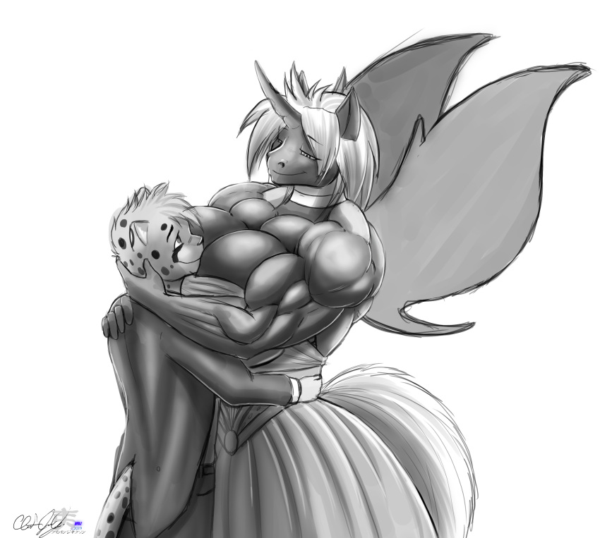 abs anthro biceps big_breasts big_muscles breasts cylnx dress female horn huge_breasts large_breasts large_muscles male muscles muscular muscular_anthro muscular_female pecs wings