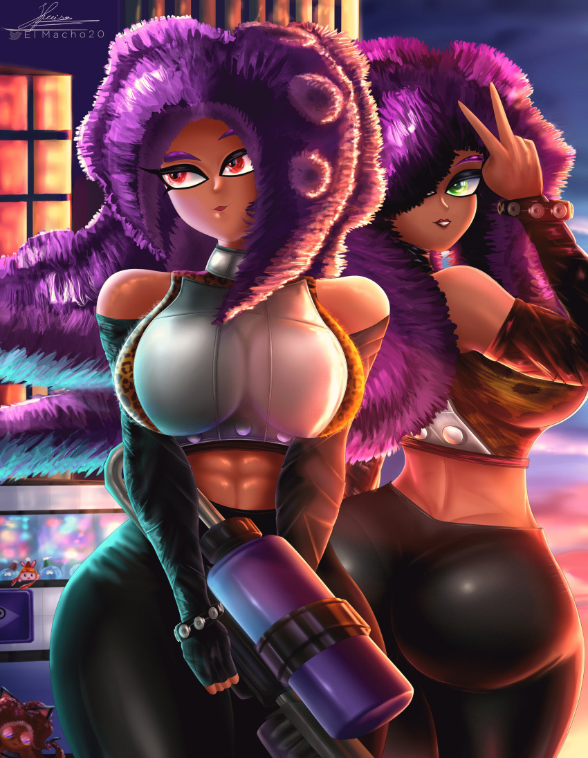 2girls abs armor armwear ass big_ass big_breasts breasts clothed clothing crop_top dark-skinned_female dark_skin detailed_background el_macho_20 female female_only fuzzy_(splatoon) fuzzy_octoling gun holding_weapon lipstick long_hair octoling octoling_girl octoling_rival peace_sign sisters splatoon thick_thighs thighs tight_pants weapon wide_hips