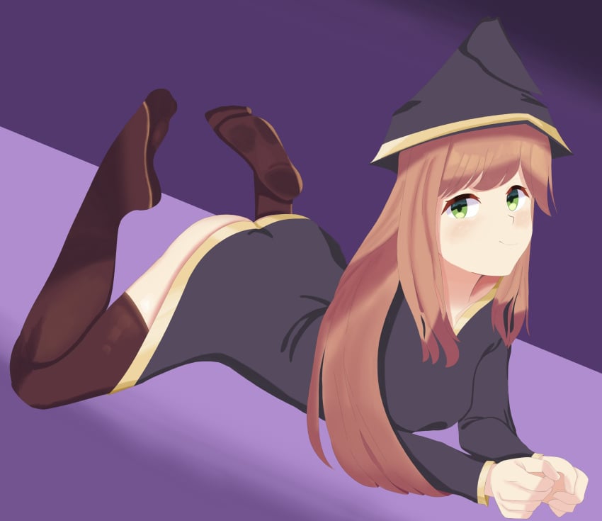 ass_up bottomless bottomless_skirt brown_hair butt_crack doki_doki_literature_club feet feet_up green_eyes legs_up looking_at_viewer macky06_(artist) monika_(doki_doki_literature_club) smile thighhighs thighs upskirt wardrobe_malfunction witch witch_costume witch_hat