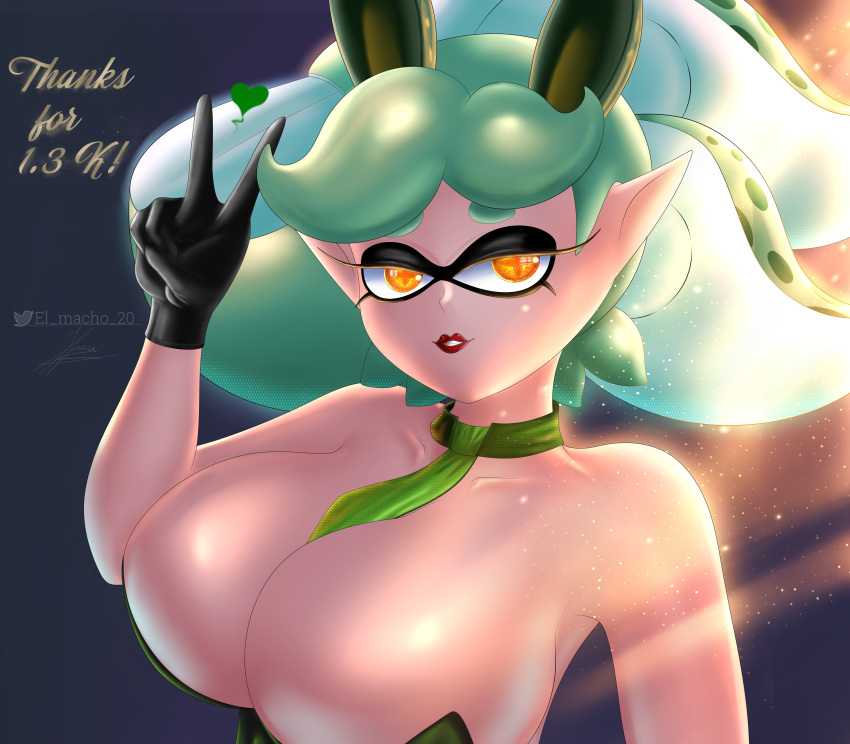 1girls big_breasts breasts bunny_ears bunny_girl bunnysuit bust cleavage clothed clothing el_macho_20 female female_only follower_celebration gloves heart inkling inkling_girl lipstick marie_(splatoon) milestone_celebration peace_sign splatoon tie