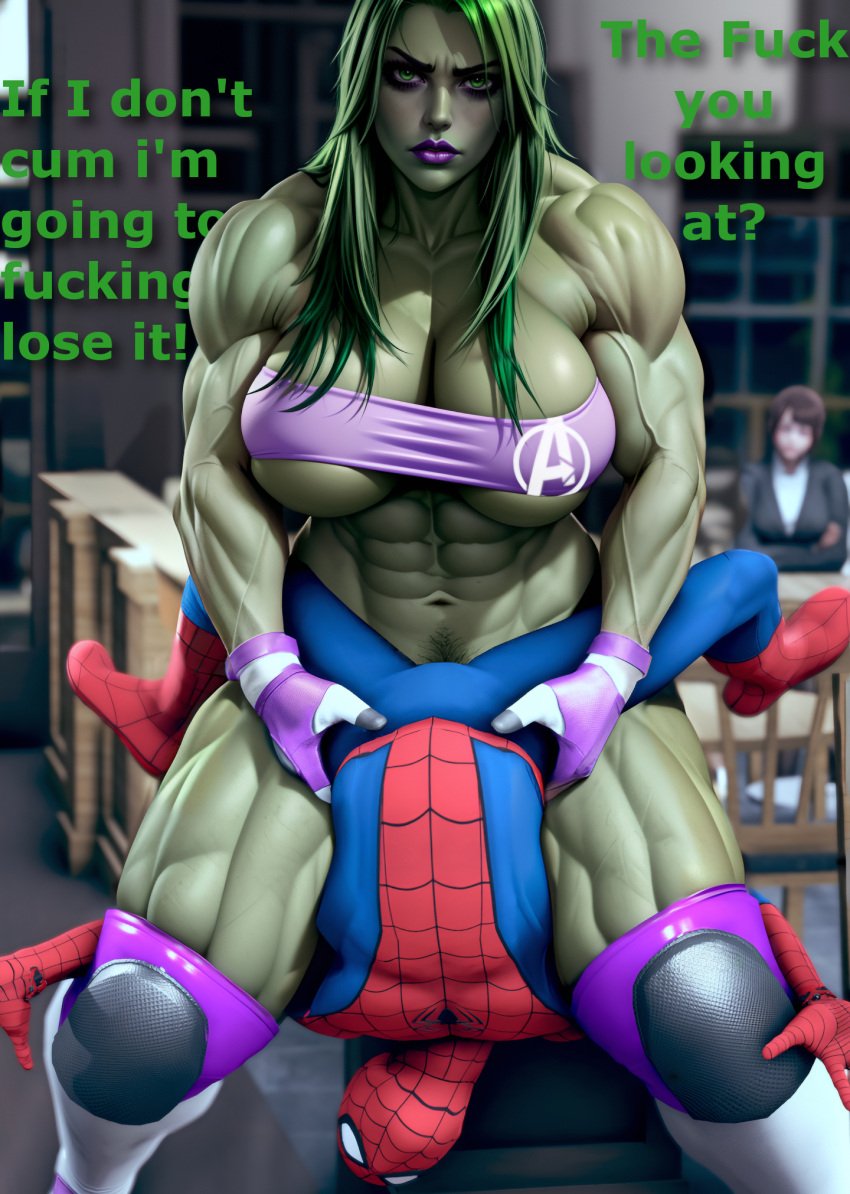 1boy 1girls abs ai_assisted ai_generated big_breasts boston_crab english_text futa_is_bigger futa_on_male futadom futanari green-skinned_futanari green_eyes green_hair green_skin hdregrets huge_breasts hulk_(series) large_breasts long_hair looking_at_viewer male marvel marvel_comics muscles muscular_futanari muscular_thighs pubic_hair public_sex rape she-hulk size_difference spider-man spider-man_(series) talking_to_viewer text veiny_muscles watching