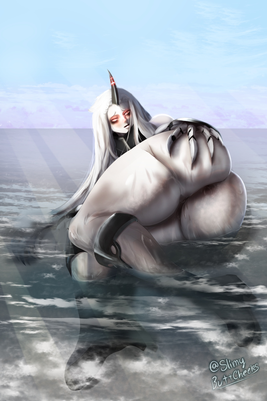 2:3 absurd_res anus ass big_butt black_horn blush butt_grab eyelashes female genitals hair hand_on_butt harbour_princess hi_res horn horned_humanoid huge_butt humanoid kantai_collection long_hair looking_at_viewer lying nude on_side pussy red_eyes sea shinkaisei-kan slimybuttcheeks solo spread_butt spreading striped_horn stripes thick_thighs water white_body white_hair white_skin wide_hips