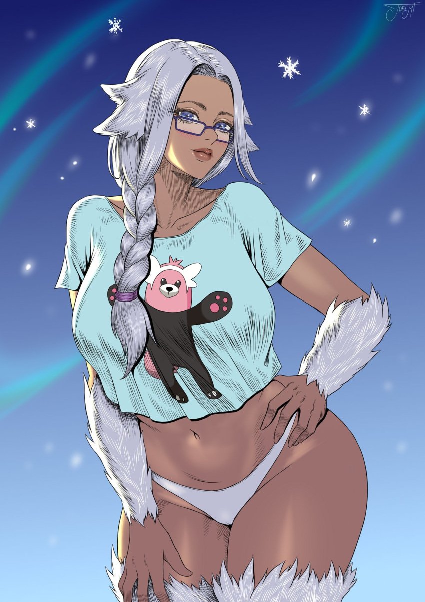 animal_hands animal_legs bear_hug bewear blue_eyes blue_shirt commission commissioner_upload dark-skinned_female dark_skin glasses inkjoel kemonomimi large_breasts logo_on_clothes loguhn monster_girl monster_girl_encyclopedia original original_character pinup pinup_pose pokemon pokemon_sm t-shirt the_city_of_reygarth white_fur white_hair white_panties wide_hips yeti yeti_(monster_girl_encyclopedia)