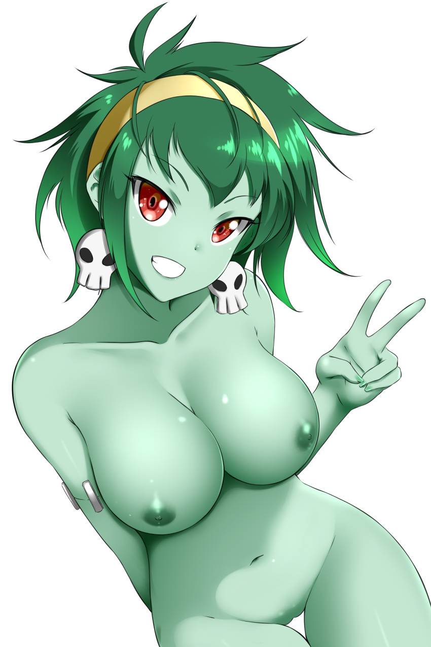 breasts green_hair green_skin grin kimmy77 looking_at_viewer nude nude_female pussy red_eyes rottytops shantae skull_earrings transparent_background v zombie_girl