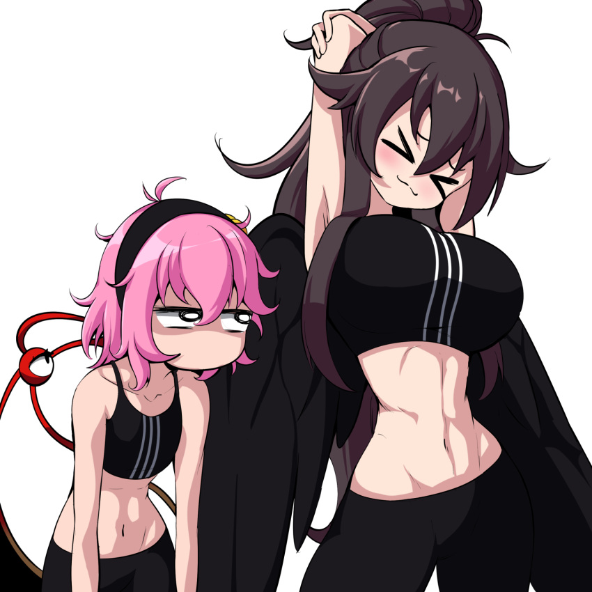 2girls alternate_costume armpits athletic_female black_pants black_tank_top bmkro breast_envy breasts brown_hair female female_only gym_uniform hairband highres hourglass_figure large_breasts medium_support_(meme) messy_hair midriff navel pink_hair ponytail satori_komeiji small_breasts stretching tank_top touhou utsuho_reiuji white_background wings