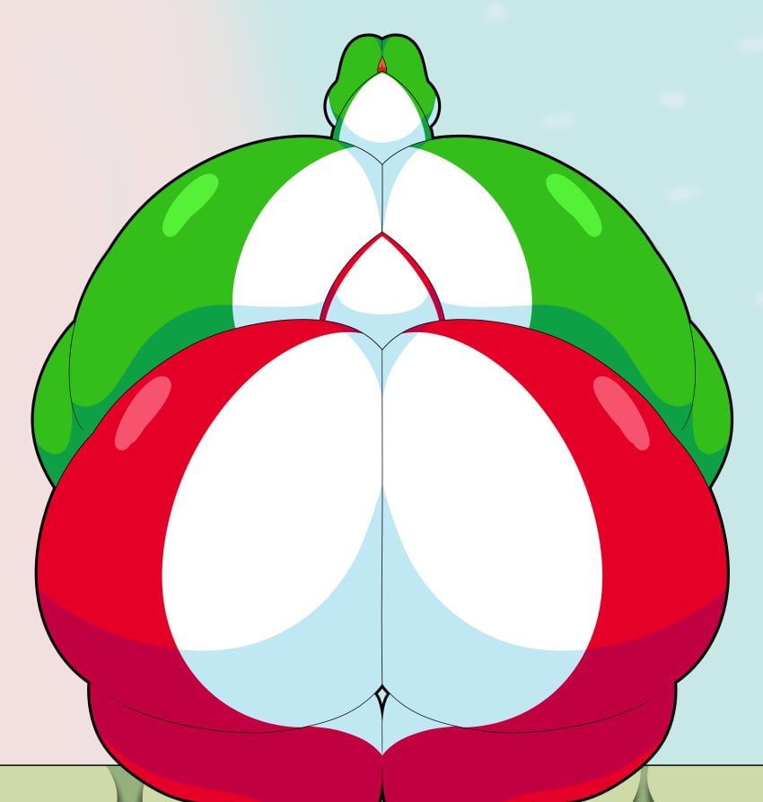 ambiguous_gender ass_bigger_than_head ass_focus ass_tower back_view big_ass cyandrive98 green_yoshi grey_body huge_ass hyper_ass mario_(series) nude red_body red_yoshi riding super_mario_bros._wonder tail yoshi