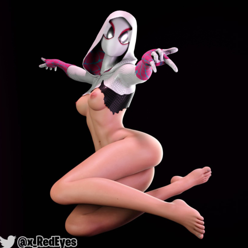 1girls 3d 3d_(artwork) action_pose ass breasts feet female female_only gwen_stacy marvel marvel_comics mask masked masked_female solo spider-gwen spider-man_(series) toenails toes x_redeyes