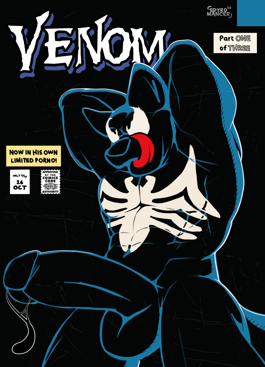 absurd_res anthro balls big_balls big_penis black_body black_cum bodily_fluids canid canine canis colored_cum comic cover cover_art cover_page cum genital_fluids genitals hands_behind_back hi_res licking low-angle_view male mammal marvel muscular muscular_anthro muscular_male nude pecs penis precum presenting presenting_penis simple_background smile solo solo_male spyromancer symbiote tongue tongue_out unusual_bodily_fluids unusual_cum unusual_genital_fluids venom venom_(marvel) wolf