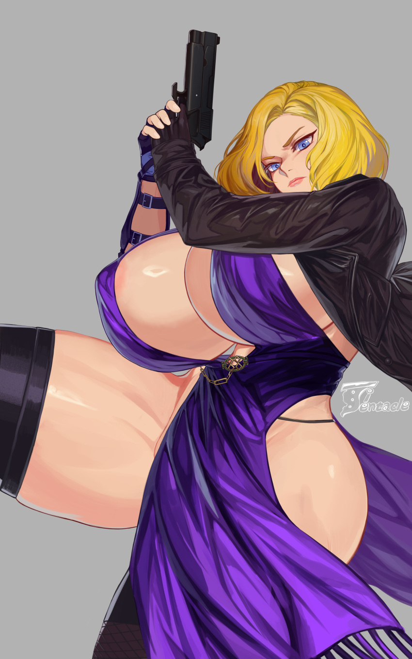 1girls big_ass big_breasts blonde_hair eyeglasses eyewear female female_only gun huge_breasts milf nina_williams pistol tekken tekken_8 thick_thighs ti_(pixiv473275)