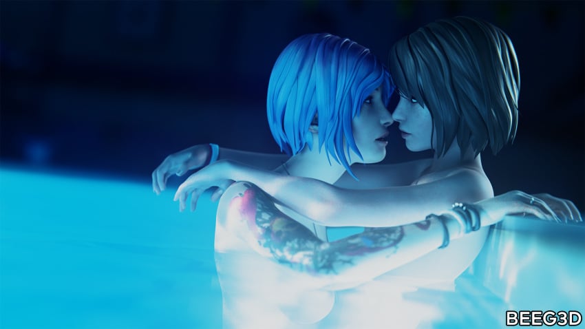 2girls 3d arms_around_partner beeg3d blue_eyes blue_hair bracelet brown_hair chloe_price female female/female female_only intimate life_is_strange light-skinned_female looking_at_another looking_at_partner max_caulfield naked naked_female necklace nude nude_female pool poolside short_hair skinny_dipping tattoo tattoos wet wet_hair wet_skin yuri