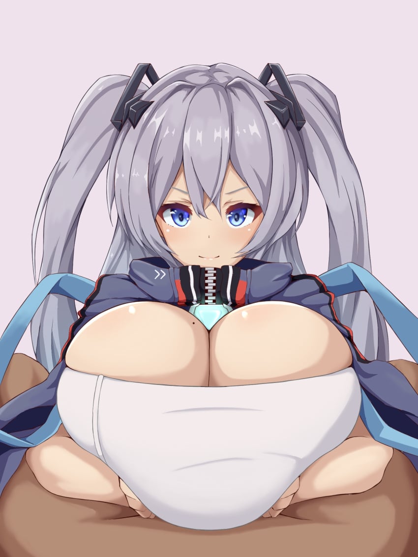 1boy 1girls azur_lane black_bow blue_eyes blue_jacket blush bow breasts breasts_squeezed_together closed_mouth clothed_female_nude_male dark-skinned_male dark_skin dot_nose eagle_union_(azur_lane) female grabbing_own_breast grey_hair hairbow highres huge_breasts intrepid_(azur_lane) jacket land_wharf light-skinned_female light_skin long_hair looking_at_viewer male_pov mole mole_on_breast nude paizuri paizuri_on_lap paizuri_under_clothes pink_background pov shiny_skin simple_background smile straight two_side_up upper_body