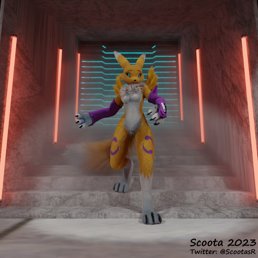 absurd_res alley anthro bandai_namco blue_eyes breasts claws clothing digimon digimon_(species) ears_up female fog gate gloves hallway handwear hi_res light neon_lights nipples renamon renamon_(alargewoodenbadger) scoota solo spotlight stairs wings