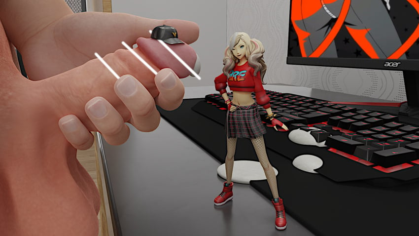 ann_takamaki atlus balls belly belly_button blonde_hair blue_eyes clothed_female_nude_male colored_hair cum_on_face cum_on_hair cumming dripping_cum eye_closed facial giant giant_male giant_penis hand_on_penis horny infamousmask jerking larger_male leaning_forward macro masturbation micro micro_on_macro minigirl persona persona_5 posing shrunken_woman size_difference size_play smirking