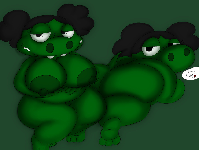 anthro ass bedroom big_breasts big_butt black_hair breasts dialogue dinosaur eliza_(disambiguation) female green_background green_body hair hi_res jaythefox333 looking_at_viewer lying on_front presenting presenting_breasts presenting_hindquarters reptile scalie simple_background sitting smile smiling_at_viewer solo thick_thighs