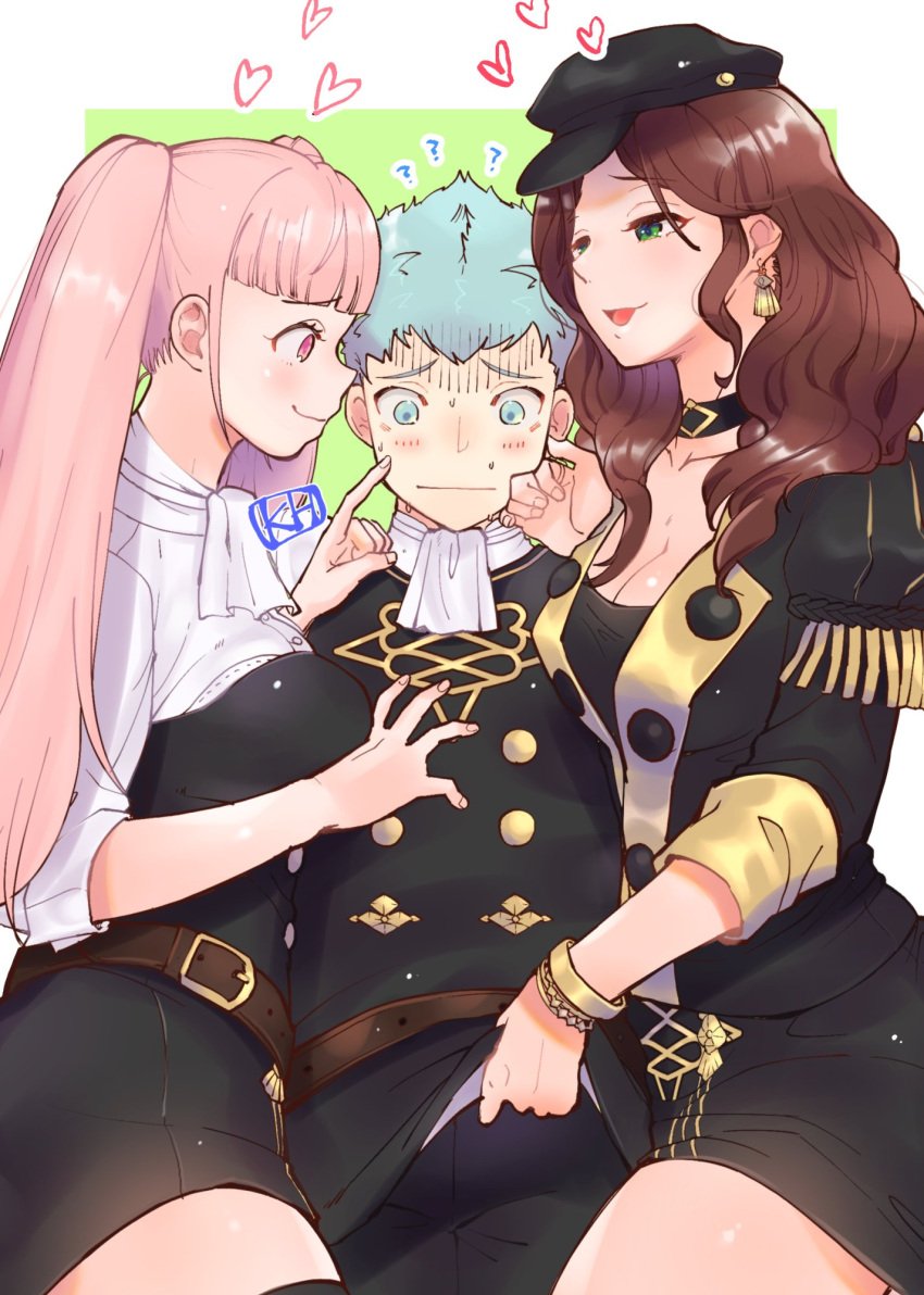 1boy 2girls bare_thighs black_choker blue_eyes blue_hair breast_press breasts brown_hair caressing caressing_cheek caspar_von_bergliez choker cleavage clothes_lift commentary_request dorothea_arnault embarrassed female fire_emblem fire_emblem:_three_houses garreg_mach_monastery_uniform girl_sandwich green_eyes hat hetero highres hilda_valentine_goneril kh_(tanakananataka) lifted_by_another long_hair male medium_breasts multiple_girls naughty_face nintendo open_mouth pink_eyes pink_hair sandwiched short_hair smile smug teasing thighs twintails upper_body