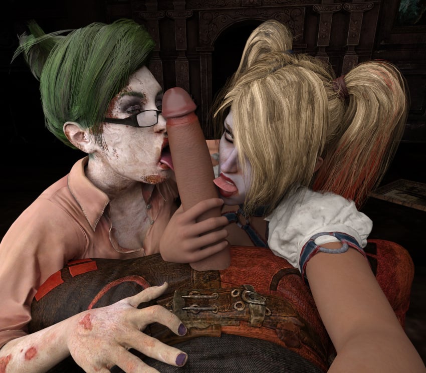 2girls batman:_arkham_knight batman_(series) big_dick big_penis blowjob christina_bell dc dc_comics female female_focus ffm_threesome harley_quinn harley_quinn_(arkham) harley_quinn_(arkham_knight) hellfern licking_penis male_pov penis pov straight threesome