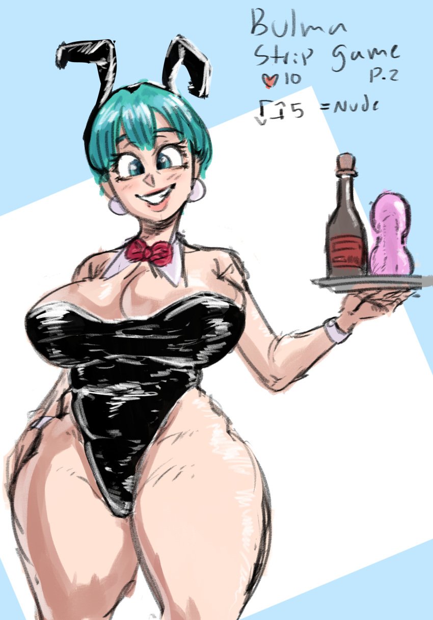 big_ass big_breasts blue_eyes blue_hair bulma_(bunny) bulma_briefs bunnysuit color colored dragon_ball limb0_o smoking strip_game striped suit text text_bubble ultivlad