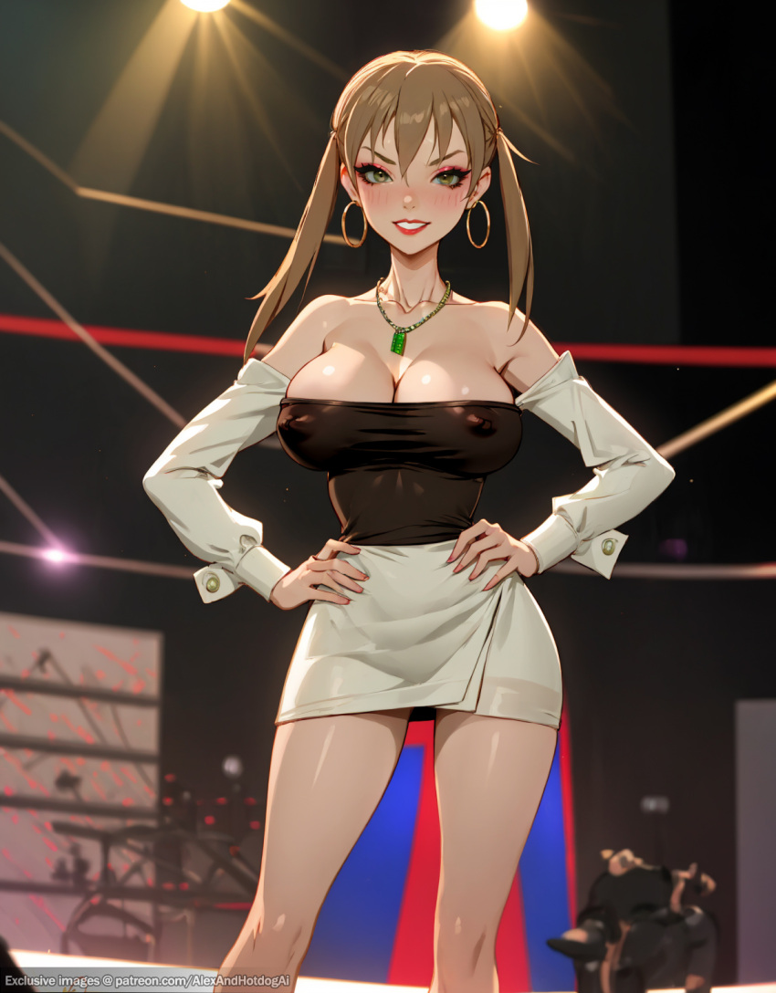 absolute_territory ai_generated alexandhotdogai blush brown_hair bursting_breasts cleavage covered_nipples enormous_breasts gloves hands_on_hips hoop_earrings hoop_earrings_oversized huge_breasts large_breasts lipstick long_hair maka_albarn makeup makeup_running mascara miniskirt sleeves smile smirk soul_eater soul_eater_not! spotlights stable_diffusion stage stage_lights thick_thighs thighs tight_clothing twintails wide_hips zettai_ryouiki