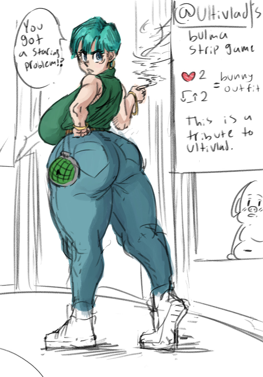 big_ass big_breasts blue_eyes blue_hair bulma_briefs color colored dragon_ball limb0_o oolong smoking strip_game striped text text_bubble ultivlad