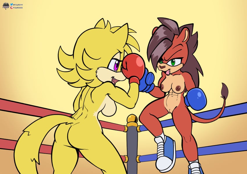 2girls anthro ass back backboob blue_boxing_gloves blue_gloves boxing boxing_gloves boxing_ring breasts butt canid canine canis clothing duo ellie_the_wolf fan_character felid female female_only fighting_ring footwear footwear_only fours_(artist) genitals gloves green_eyes half-closed_eyes handwear hi_res lion long_tail mammal mostly_nude multiple_girls naked naked_footwear naked_shoes naked_with_shoes_on nipples nude nude_boxing open_mouth pantherine purple_eyes pussy red_body red_boxing_gloves red_gloves sega sheila_the_lion shoes shoes_only sonic_(series) sonic_the_hedgehog_(series) tail wolf yellow_body