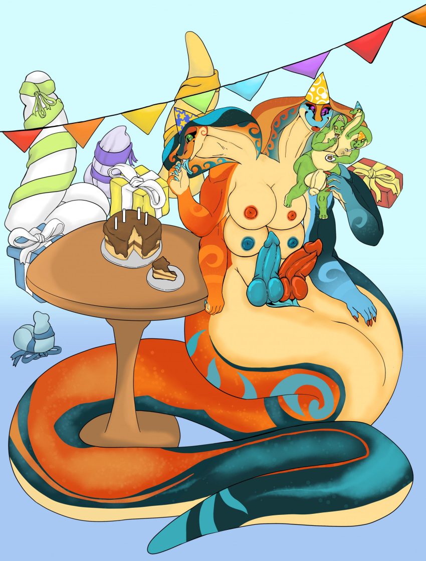 2_heads anthro apode birthday birthday_cake breasts cake cluelewd dessert draconcopode duo feral_only food furniture genitals gift gynomorph herm hi_res intersex knot legless macro micro multi_head naga penis reptile scalie serpentine snake table