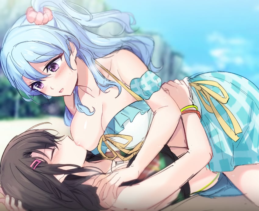 2girls :d aoiro_050 aqua_hair bang_dream! bare_shoulders blurry blurry_background breast_sucking breasts brown_hair closed_eyes collarbone cowgirl_position female female_only fingernails hair_between_eyes hair_ornament hairclip hand_on_another's_shoulder highres hug large_breasts long_hair looking_down lying matsubara_kanon multiple_girls okusawa_misaki on_back outdoors scrunchie side_ponytail smile sweat sweatdrop yuri