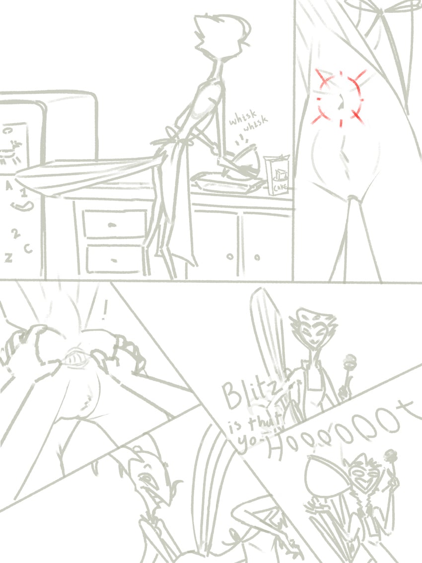 absurd_res animal_genitalia anthro appliance apron apron_only ass avian baking bird blitzo_(helluva_boss) bowl butt_grab cake cloaca clothing container demon dessert dialogue drawing duo equid equine exclamation_point feathers food fridge genitals grin hand_on_butt helluva_boss hi_res horse imp kitchen kitchen_appliance licking licking_lips magnet male male/male mammal onomatopoeia owl presenting presenting_cloaca raised_tail sillydraco smile sound_effects spread_cloaca spreading stolas_(helluva_boss) surprise surprise_cunnilingus surprise_oral tail tail_feathers text tongue tongue_out yelling