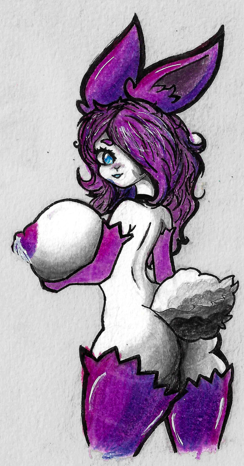 absurd_res anthro big_breasts blue_eyes bodily_fluids breasts from_the_back fur hair hi_res huge_breasts lactating lagomorph leporid mammal nipples nude purple_arms purple_hair purple_legs purple_nipples rabbit rabbit_ears sheebibites traditional_media_(artwork) white_body white_fur