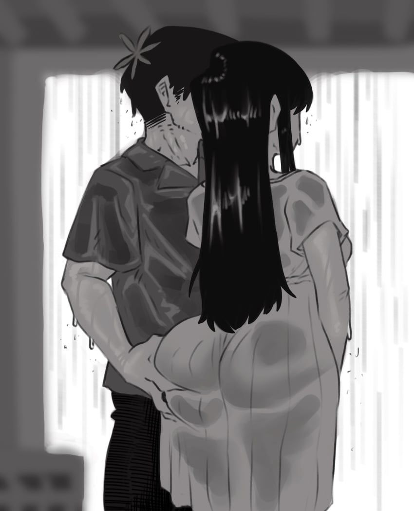 1boy 1girls ass ass_grab black_and_white canon_couple dripping incinerated_art komi-san_wa_komyushou_desu komi_shouko rain raining sexual_consent tadano_hitohito wet wet_clothes