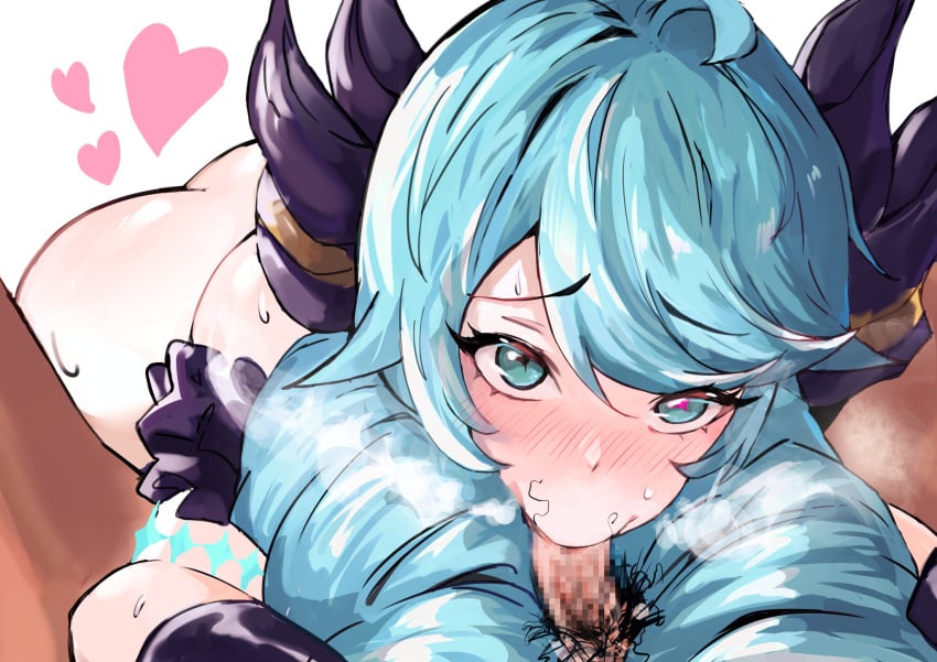 1boy ass black_bow black_sleeves blush bow cola_bcde detached_sleeves drill_hair fellatio female green_eyes green_hair gwen_(league_of_legends) hairbow heart highres league_of_legends long_hair looking_at_viewer male_pubic_hair oral pubic_hair stray_pubic_hair swept_bangs twin_drills twintails white_background