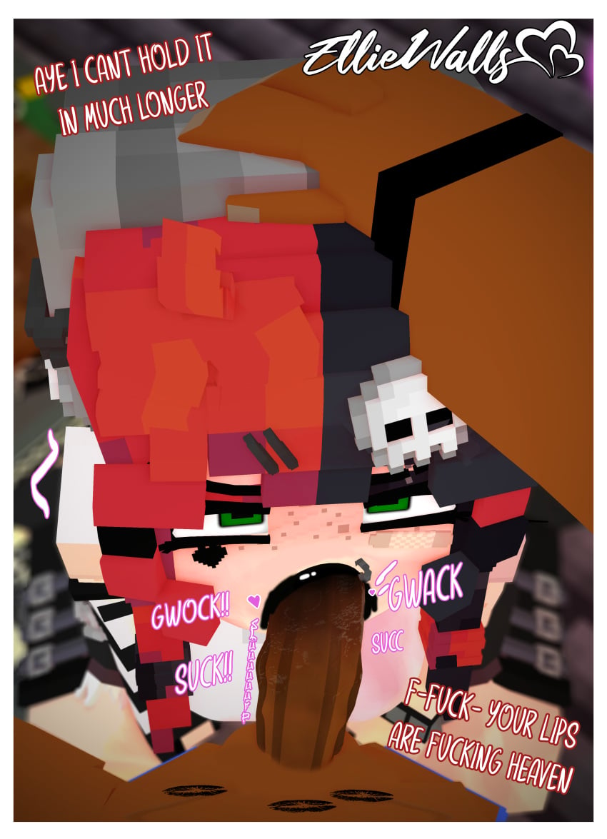 1boy 1girls 3d blowjob dark-skinned_male deepthroat ellie_walls_(odysseyellie) fellatio freckles goth_girl green_eyes hair_band holding_head horny_female human humanoid interracial looking_at_viewer mine-imator minecraft multicolored_hair odysseyellie outside pov_blowjob skull_hair_ornament tagme tattoo_on_face