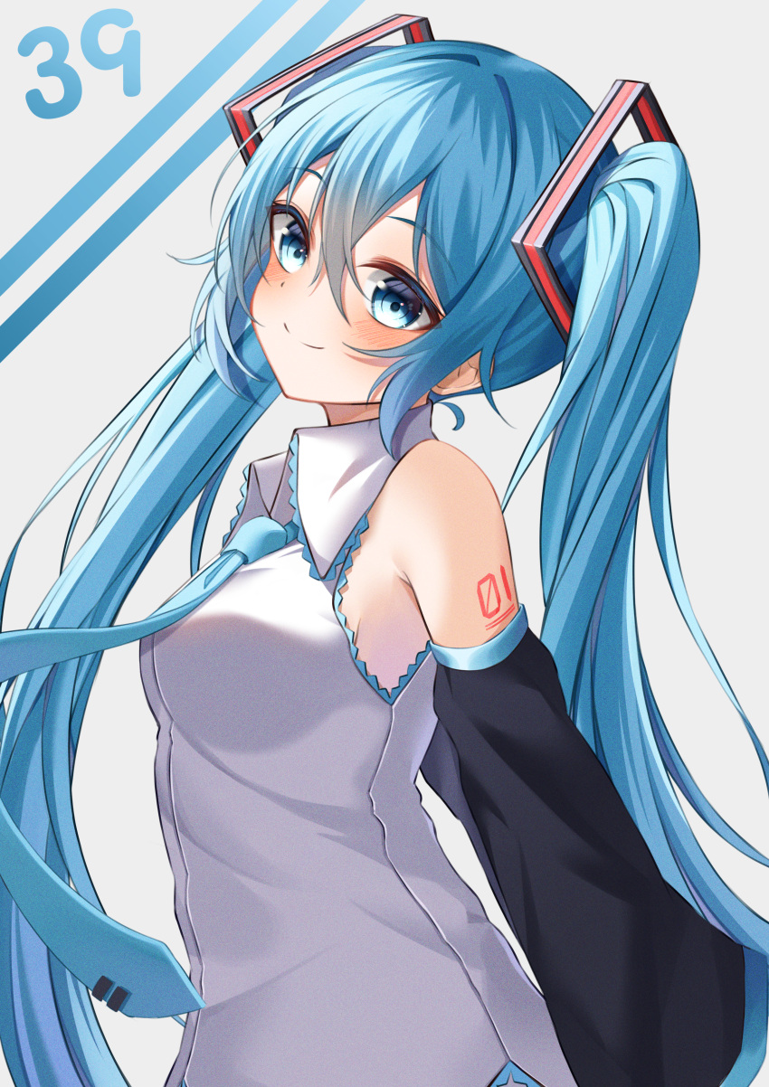 39 absurdres aqua_eyes aqua_hair aqua_necktie bare_shoulders black_sleeves breasts detached_sleeves hair_between_eyes hand_on_back hatsune_miku highres long_hair looking_at_viewer miku_day necktie ryaru_ryaru sfw shirt simple_background sleeveless sleeveless_shirt smile solo twintails upper_body very_long_hair vocaloid white_shirt