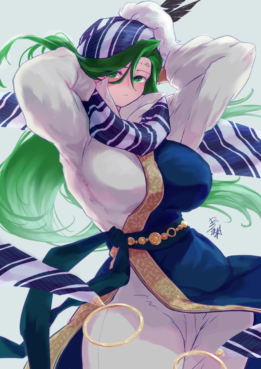 1girls alternate_costume annand_(fire_emblem) breasts cosplay female female_only fire_emblem fire_emblem:_genealogy_of_the_holy_war green_eyes green_hair hair_between_eyes hat large_breasts lewyn_(fire_emblem)_(cosplay) long_hair looking_at_viewer nintendo pants scarf solo ta_dasu_(tadasu_hayashi) very_long_hair