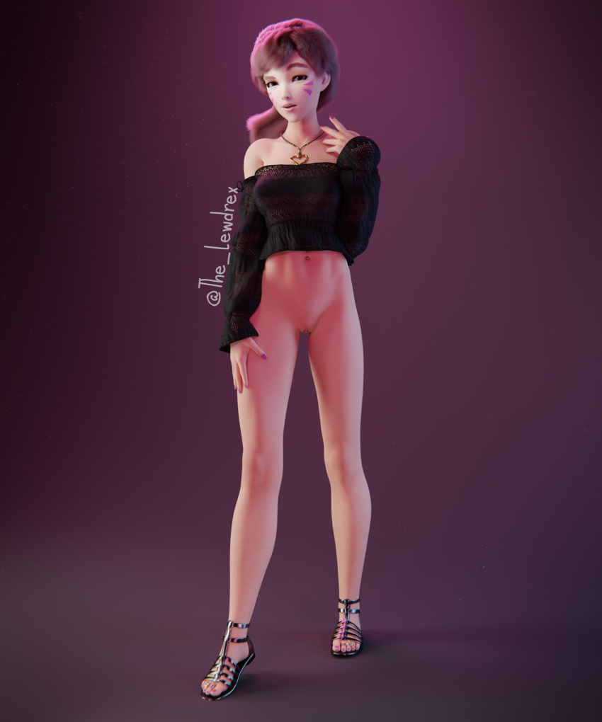 1girls 3d asian asian_female blender blizzard_entertainment bottomless breasts brown_hair casual clothing d.va face_markings facial_markings female footwear half-dressed half_naked hana_song highres human korean lewdrex long_hair looking_at_viewer medium_breasts necklace neckwear overwatch overwatch_2 pale_skin pose posing presenting presenting_pussy pussy pussy_lips pussy_peek see-through see-through_clothing see-through_top simple_background smile smiling solo solo_focus topless topwear vagina watermark