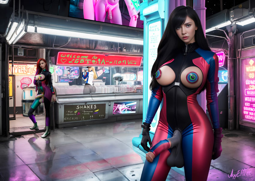 3d ai_generated ayyefftee cock_sleeve colorful_hair condom futa_only futanari latex milking_machine neon_lights pasties penis photorealistic photoshop plugsuit spaceship stable_diffusion uniform