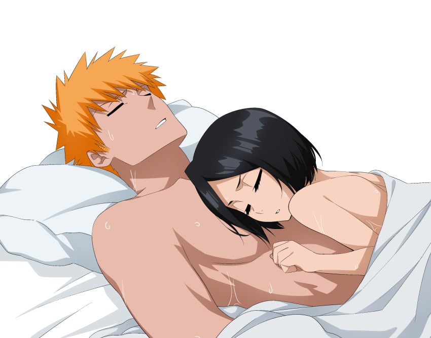 1boy 1girls after_sex bed_sheet black_hair bleach closed_eyes couple cowgirl_position erinite02 female highres ichigo_kurosaki kuchiki_rukia kurosaki_ichigo lying male nude on_back on_stomach orange_hair parted_lips petite pillow short_hair simple_background sleeping spiked_hair straight straight_hair sweat under_covers upper_body white_background