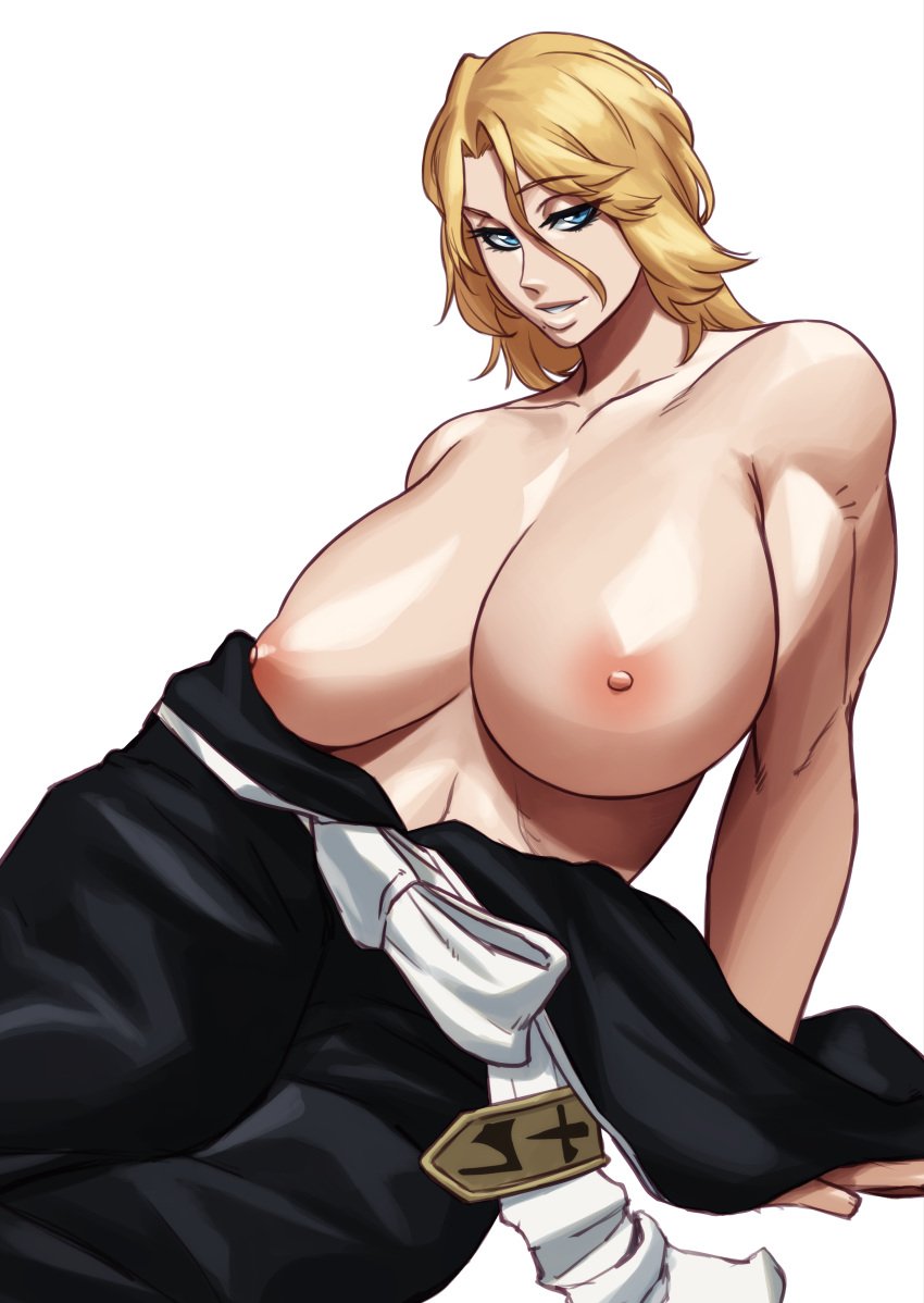 1girls bare_breasts bare_chest bare_shoulders big_breasts bleach bleach:_the_thousand-year_blood_war blonde_hair blue_eyes breasts_bigger_than_head breasts_out clothing exposed_breasts female female_only huge_breasts kimono kimono_down large_breasts long_hair looking_at_viewer matsumoto_rangiku mole mole_under_mouth naughty naughty_face naughty_smile no_bra oppai raised_eyebrows sagging_breasts seducing seductive seductive_eyes seductive_look seductive_mouth seductive_pose seductive_smile shoulder_length_hair sitting smile sotcho topless voluptuous