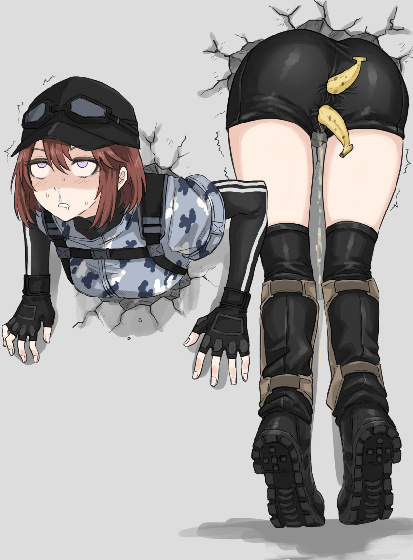 anal anal_object_insertion ass banana baseball_cap bike_shorts boots brown_hair female fingerless_gloves food fruit fuku_(fuku12290574) gloves goggles goggles_on_headwear hat highres object_insertion original peeing purple_eyes shaded_face short_hair snot stuck thighhighs through_wall uncensored vaginal_object_insertion vaginal_penetration