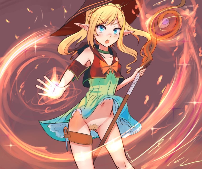 1girls angry belly blonde_hair blue_eyes bush casting_spell cleft_of_venus cowboy_shot dress dress_lift elf elf_ears female_pubic_hair flat_chest hairy_pussy magic mole_under_eye no_panties original original_character petite petite_body petite_female pointy_ears poppytart pubic_hair pussy skirt_lift small_breasts snaggle_tooth solo staff standing thigh_strap tsundere twintails witch_hat